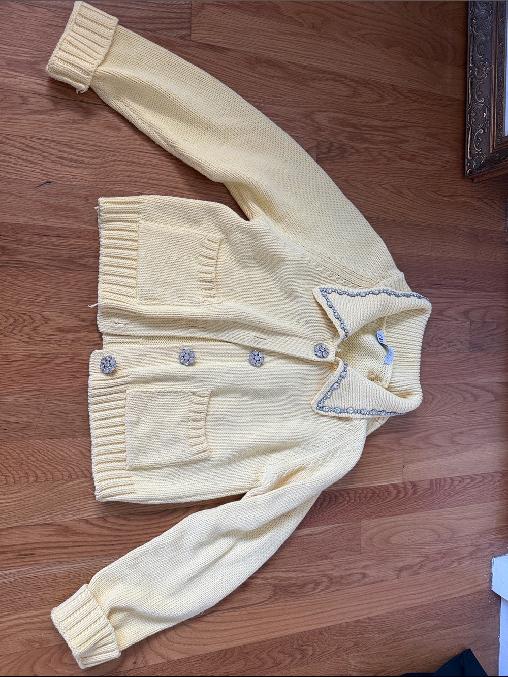 Zara Pale Yellow Knit Cardigan with Jeweled Collar